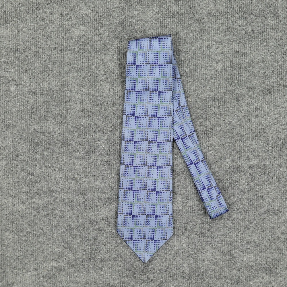 Crazy Horse Tie Mens One Size Blue Geometric Grid 100% Silk Necktie Claiborne